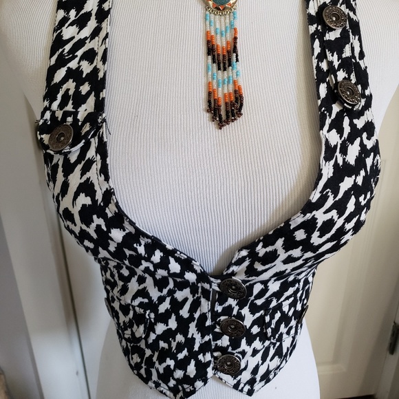 Animal print leopard unique open back denim vest S - Picture 3 of 4